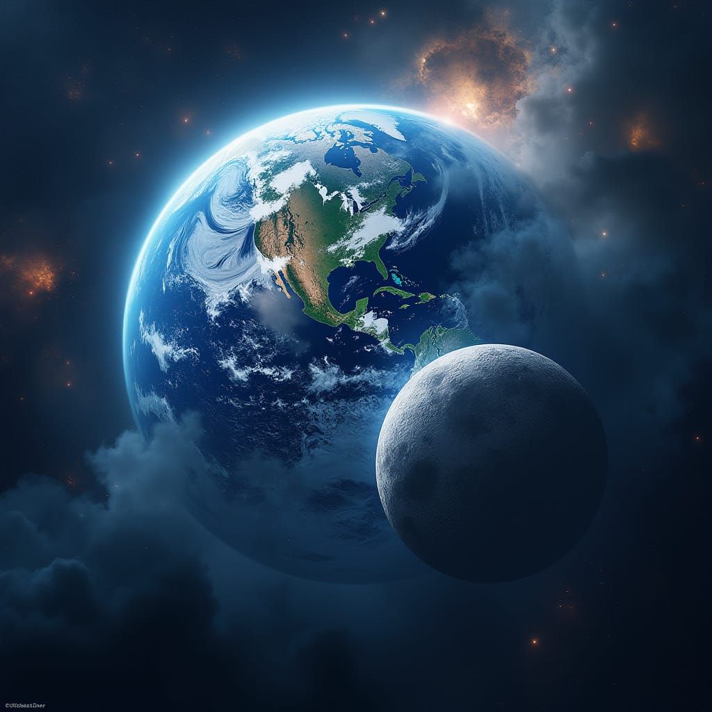 Earth and Moon Embrace in Cosmic Sci-Fi Scene