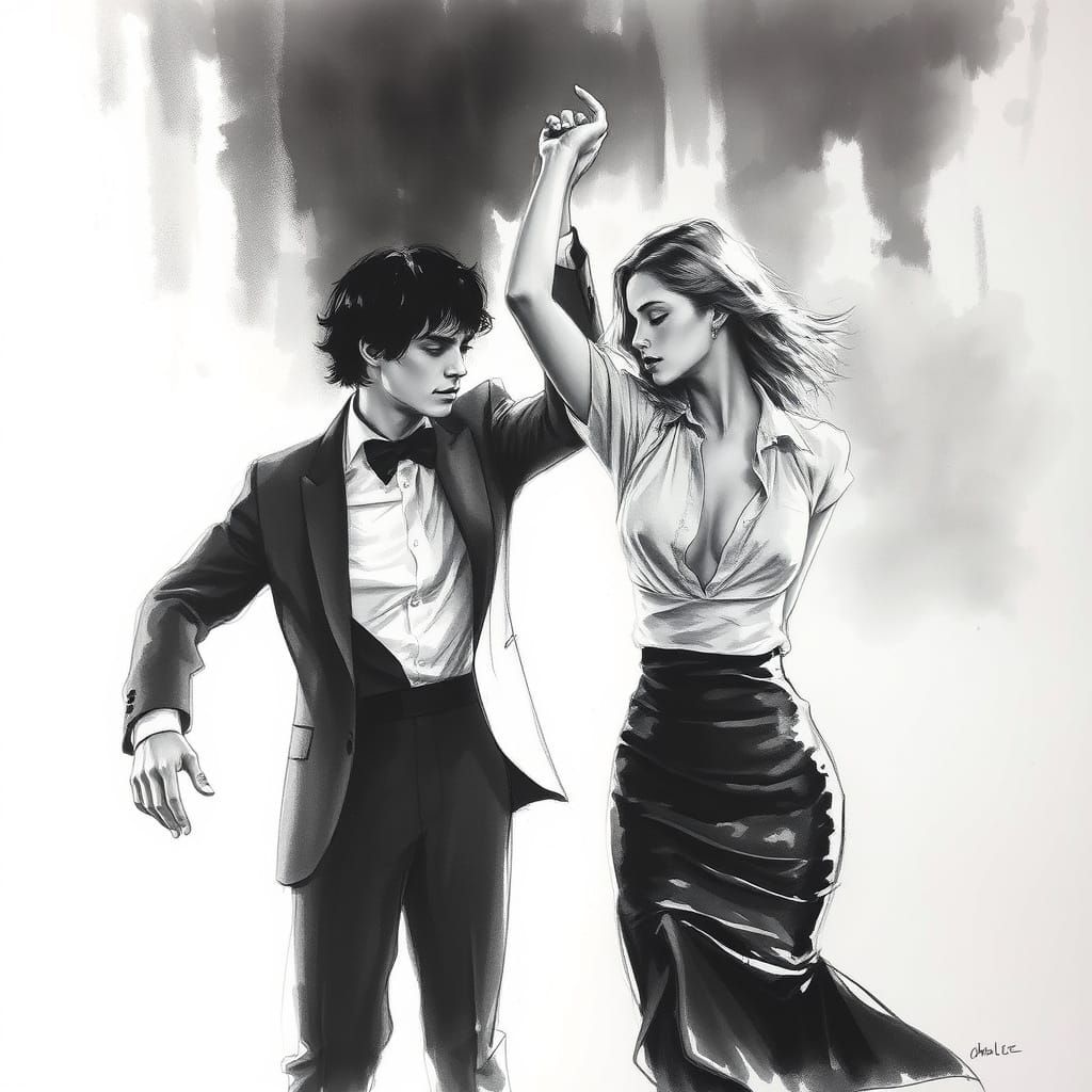 Elegant Women Dance in a Darkened Room, a Charcoal Sketch