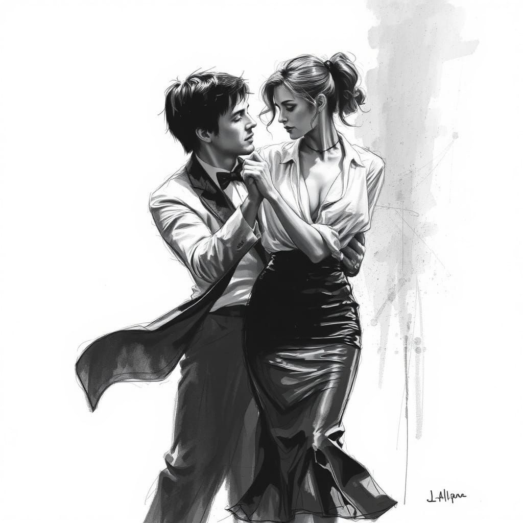 Two Women Dance in a Pulp Fiction Inspired Charcoal Sketch