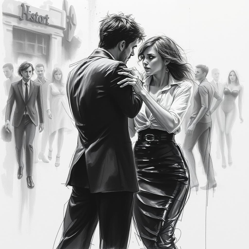 Women in Elegant Dance, a Pulp Fiction Homage in Charcoal Sk...