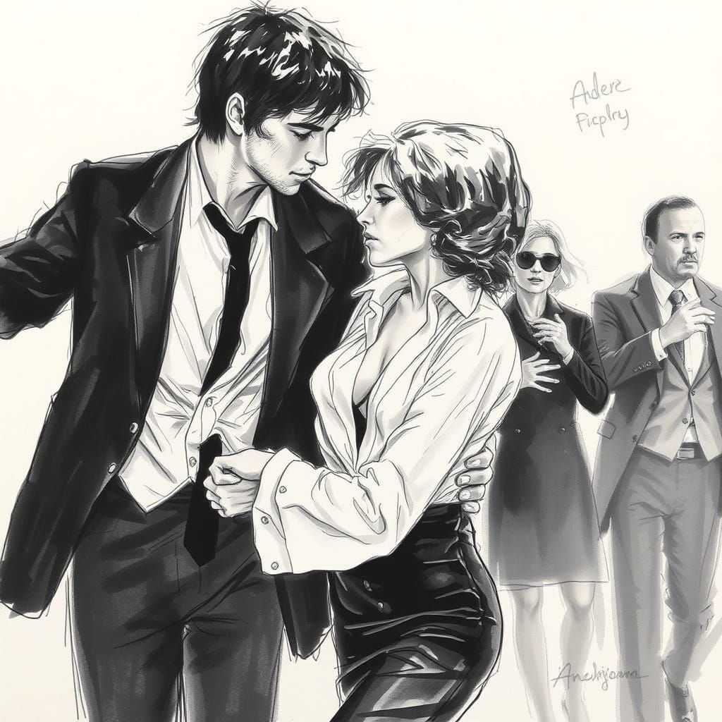 Femme Fatale Dance Scene in a Rough Charcoal Sketch