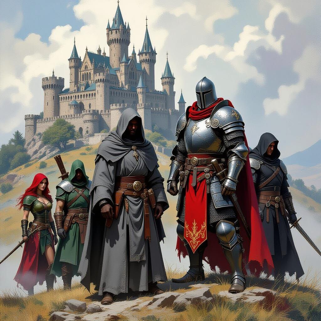 Epic Fantasy Concept Art of Warrior Group and Castle