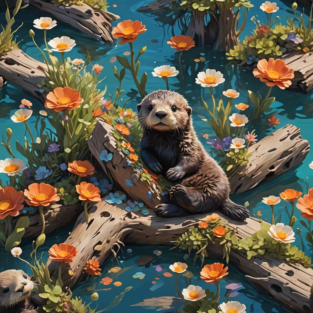 Baby Sea Otter in Fantasy Ocean Scene