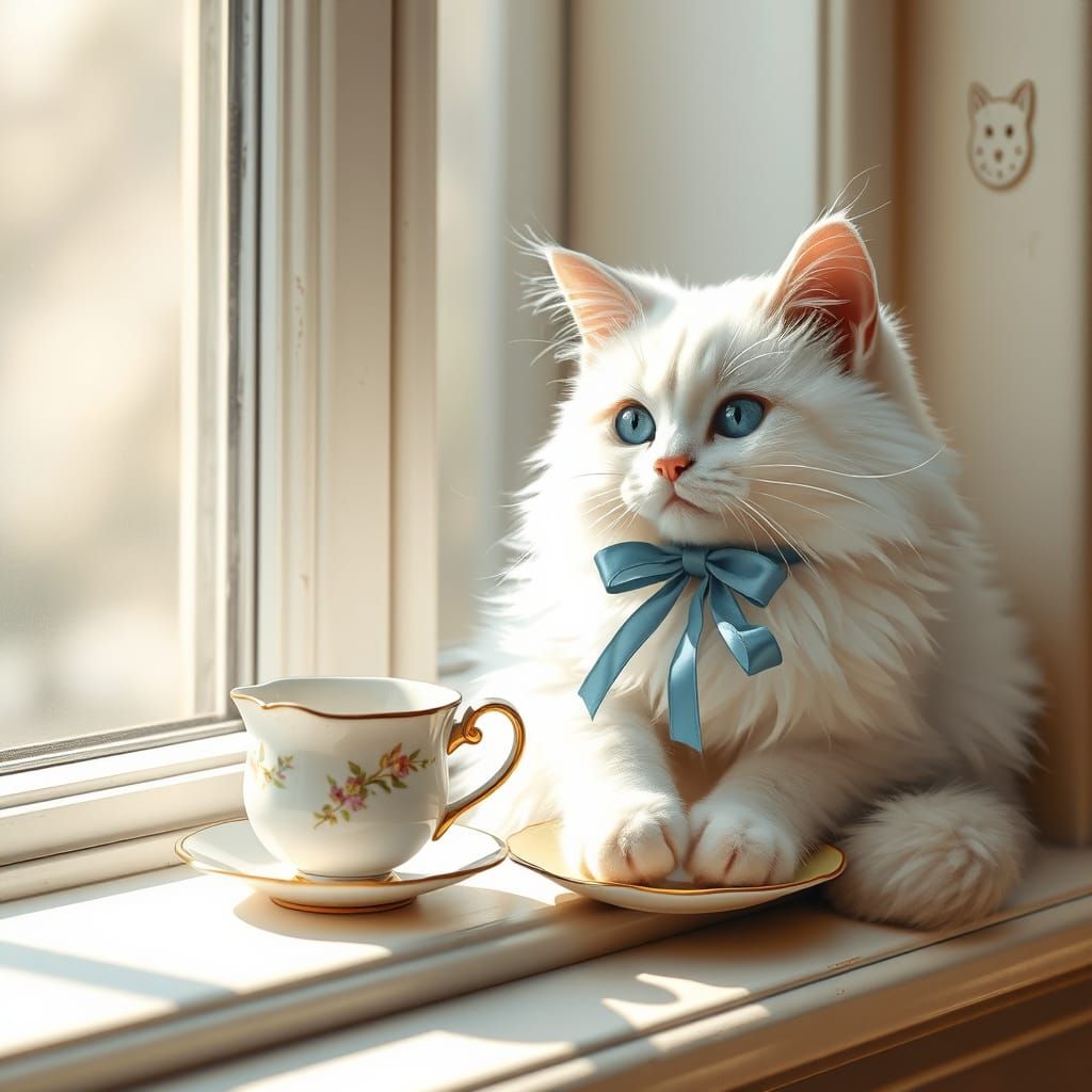 Fluffy White Cat in Victorian-Style Illustration
