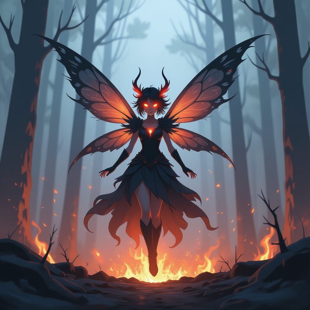 Ash Fairy Rises from Burnt Forest in Anime Style