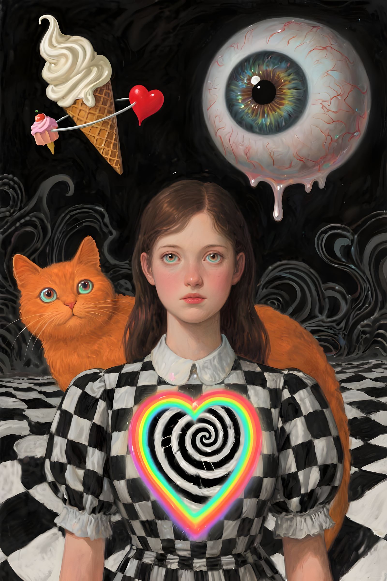 Surreal Woman with Vortex Eyes and Pulsing Heart