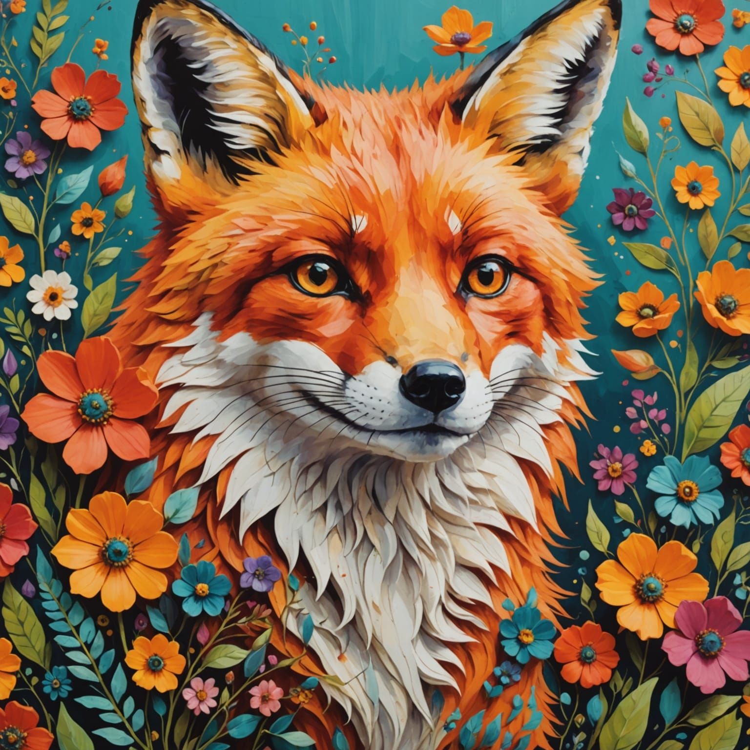 Vibrant Surrealist Fox Portrait in Floralcore Aesthetic