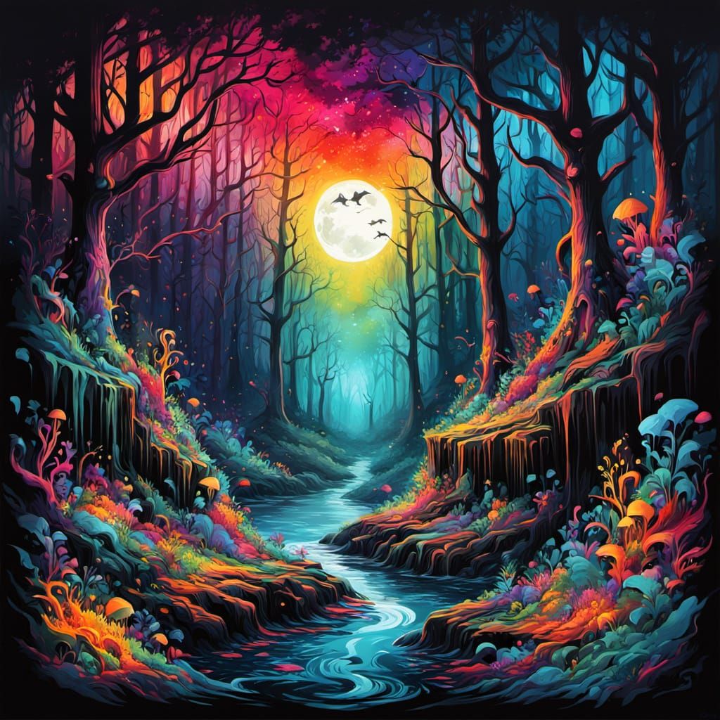 Graffiti Art of Forest Meeting Night Abyss and Sea