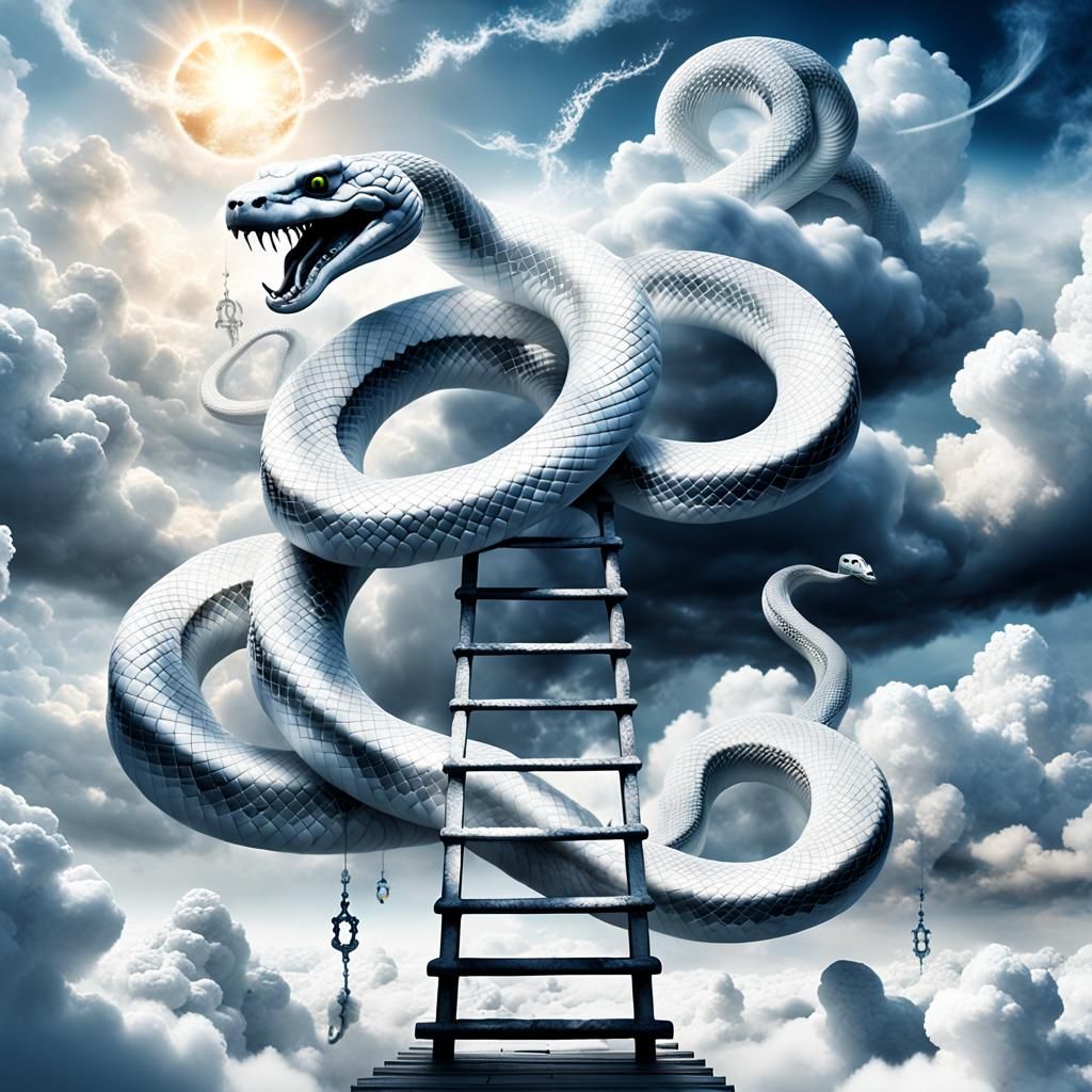 Surreal Cloud Snake Ascends Ladder to Heaven