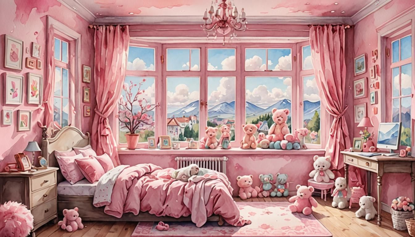 Cute Pink Room for Girl: Watercolor Art