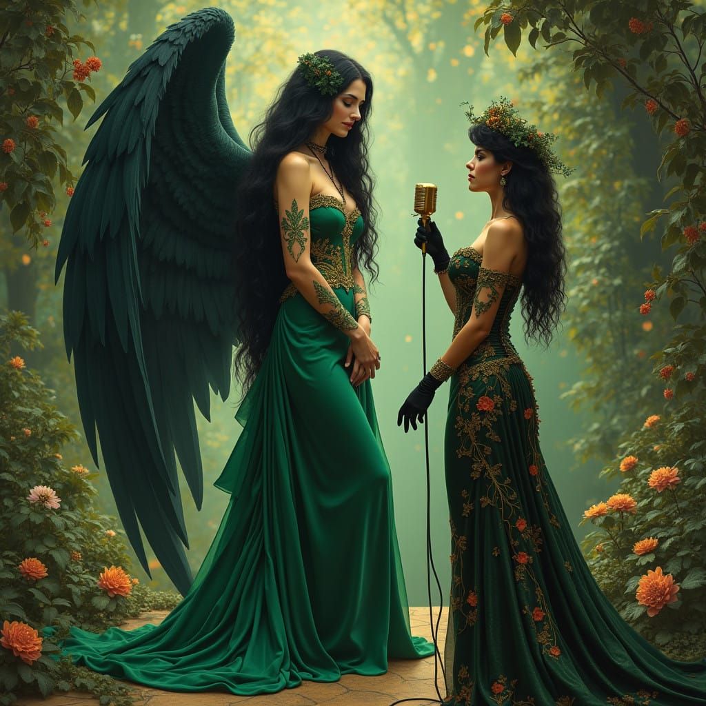 Mysterious Lilith in Eden's Garden with Victorian Angel Wing...