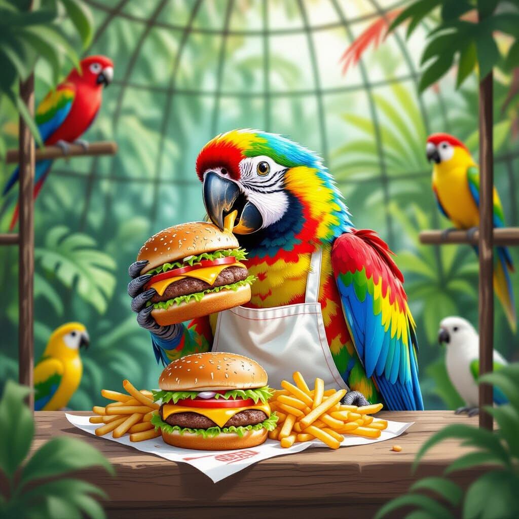 Parrot Eats Burger and Fries in Aviary, Vibrant Style