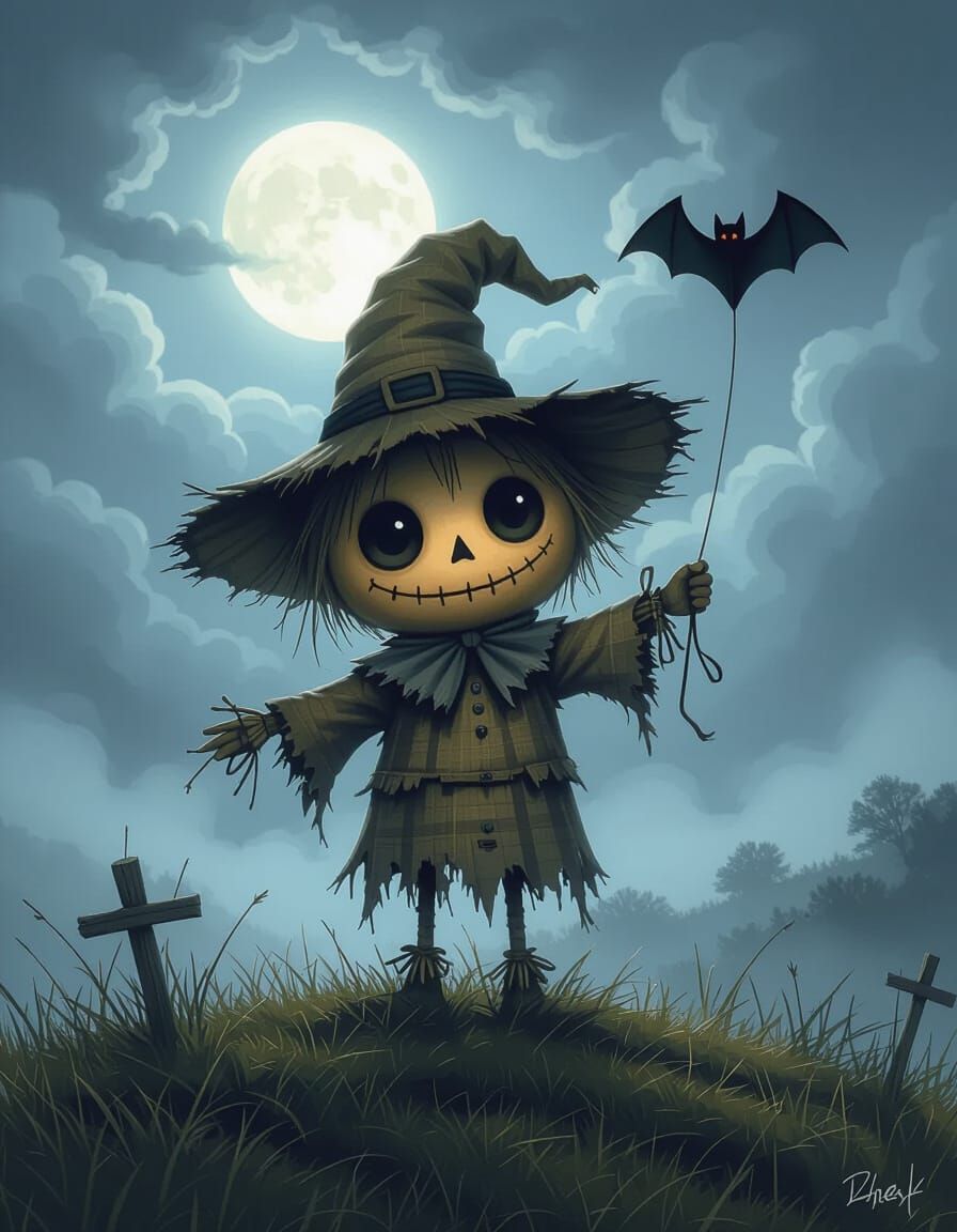 Whimsical Scarecrow Flies Kite on Foggy Hilltop