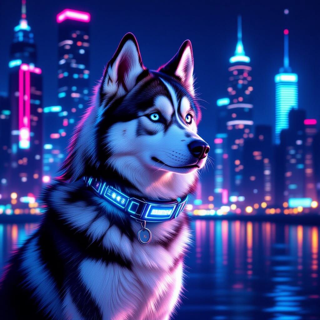 Husky in Neon Cityscape: Digital Art