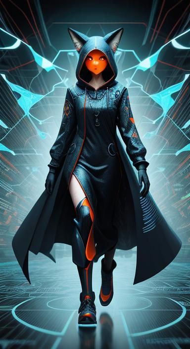 Hooded Fox Woman in Digital Matrix World