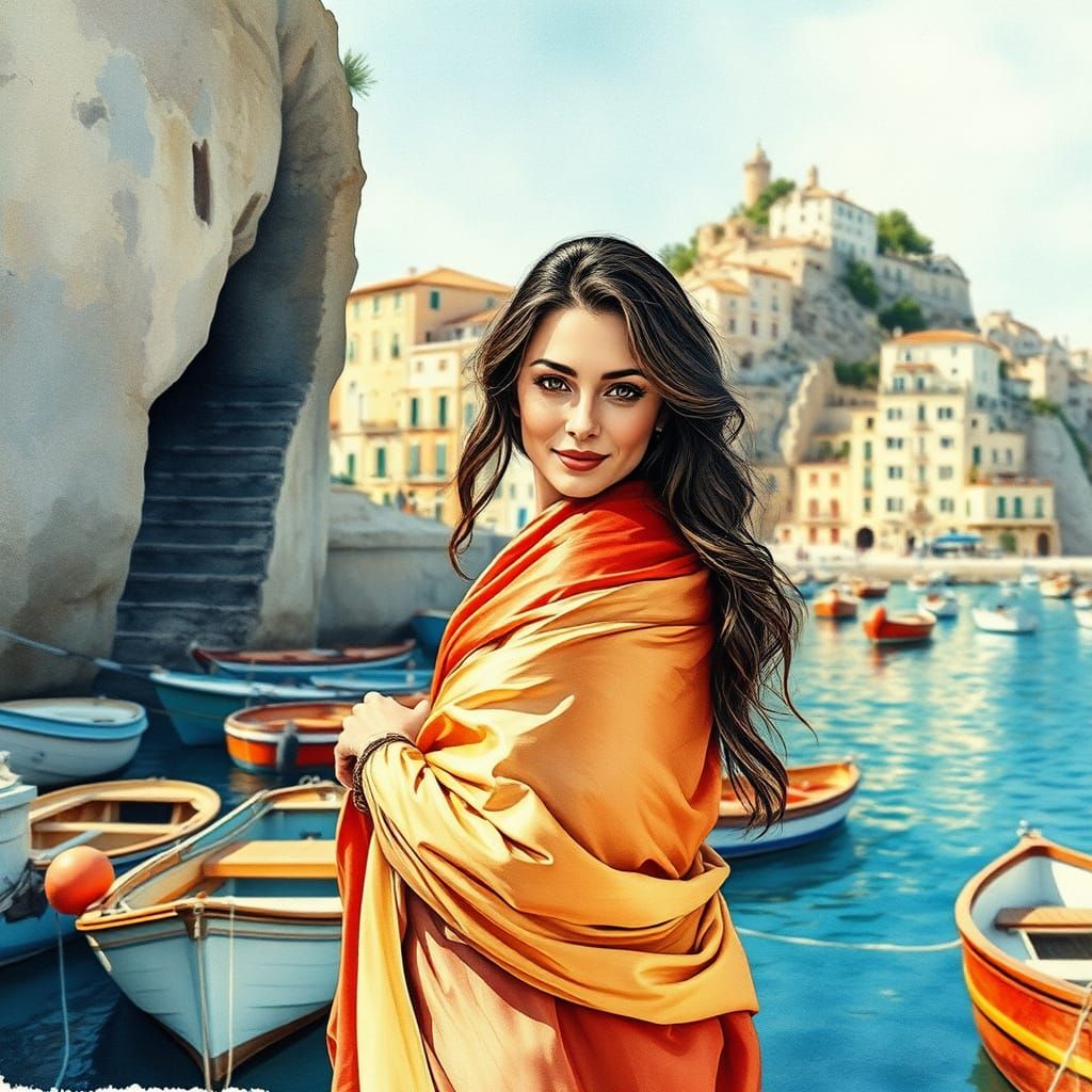 Mediterranean Woman in Harbour, Watercolour Painting