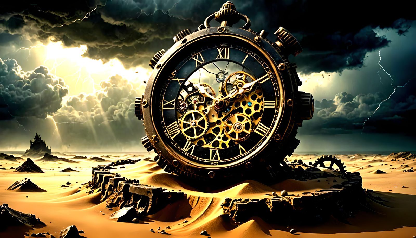 Mystical Timepieces Dissolving into Sand in Fantasy Style