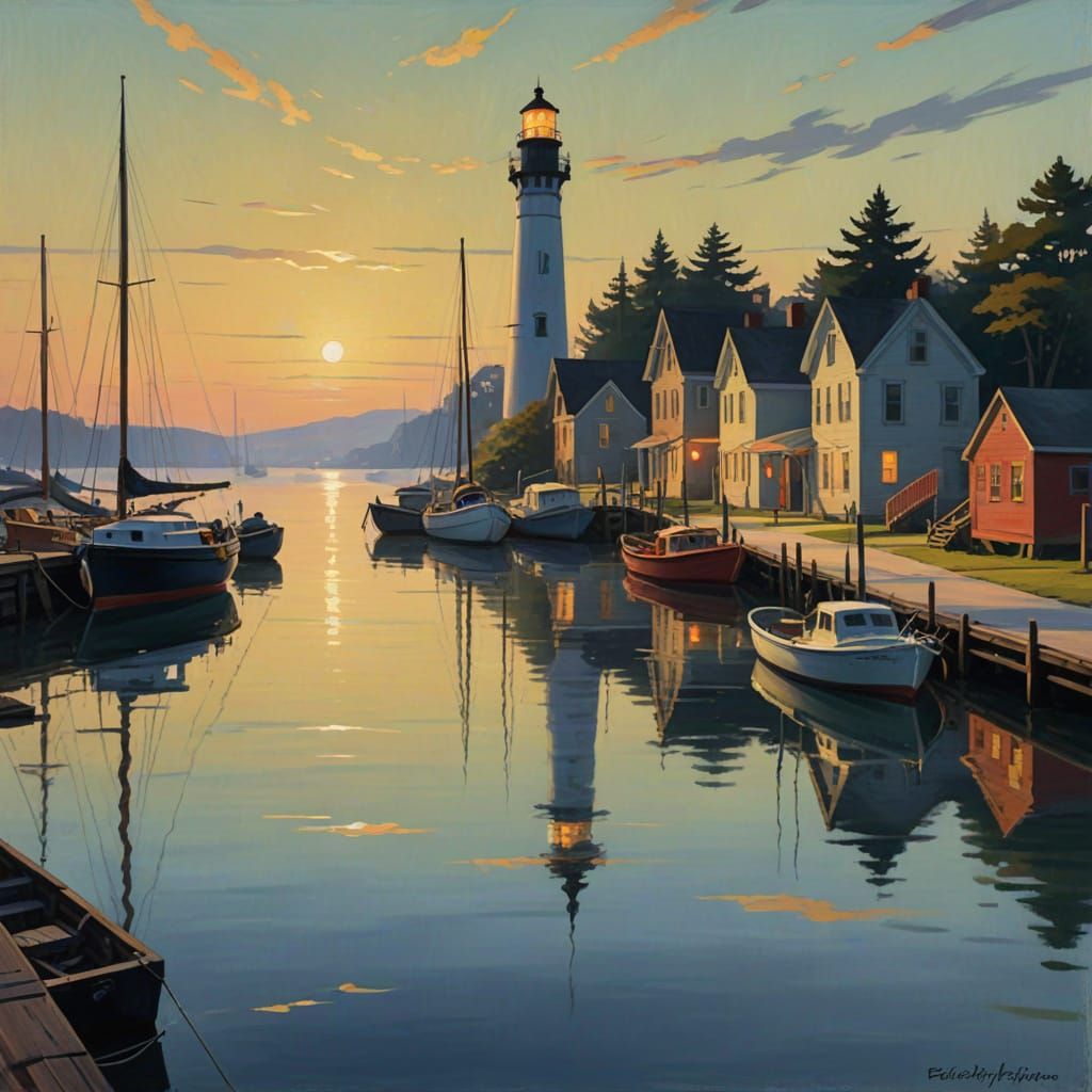 Impressionistic Harbour at Dusk with Sailboats