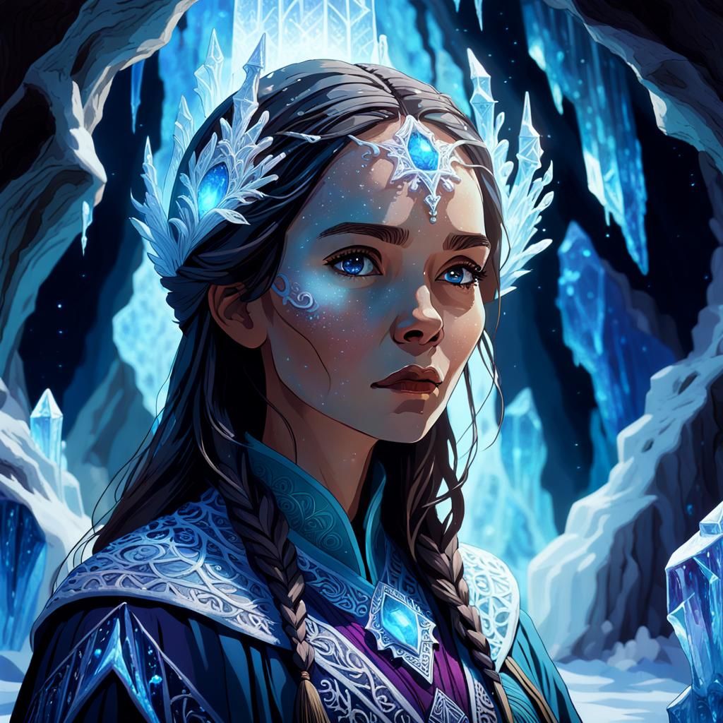 Magical Woman Casting Spell in Ice Cave