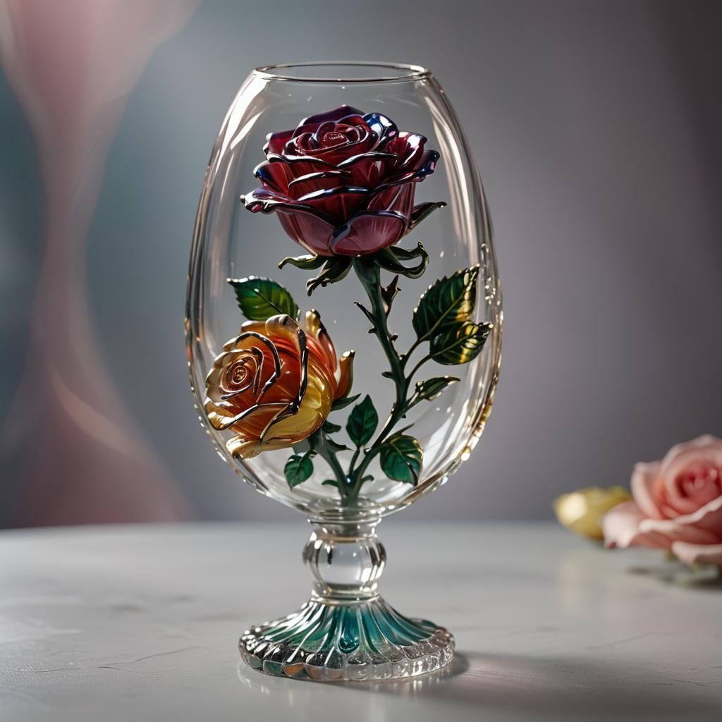 Enameled Glass Rose Held by Figurine in 3D