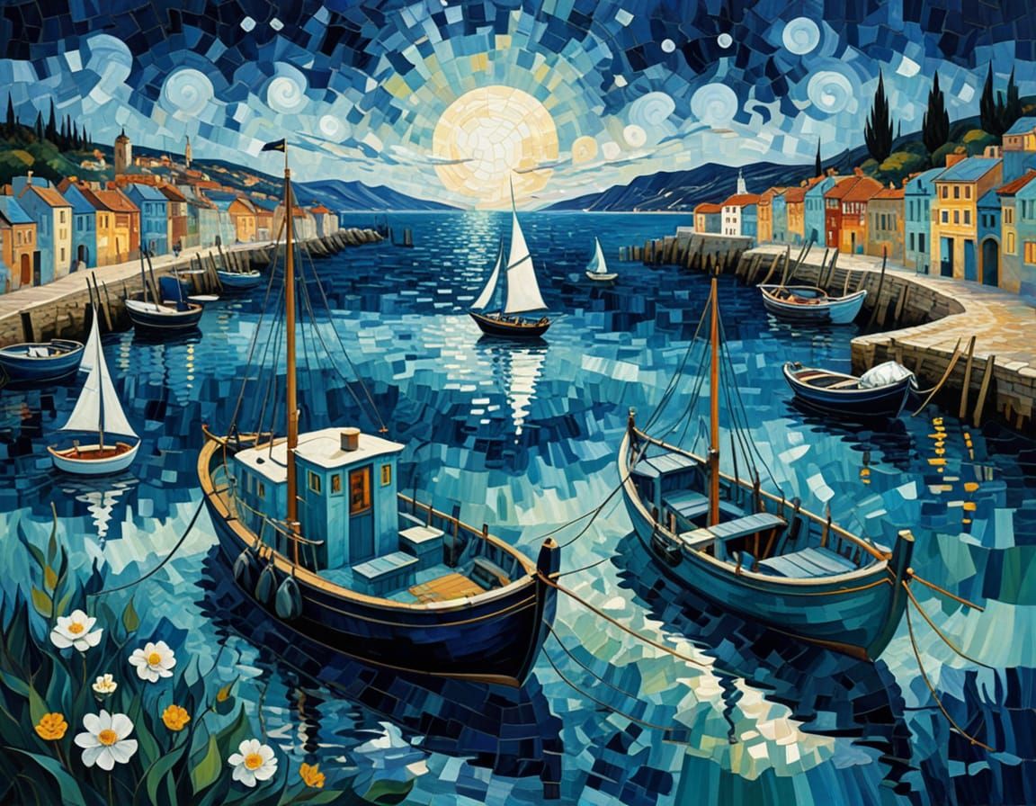 (harbor:1.5), Vincent Van Gogh and Salvador Dali, deep blue and turquoise dominant, fine-tuned mosaic ample use of white...