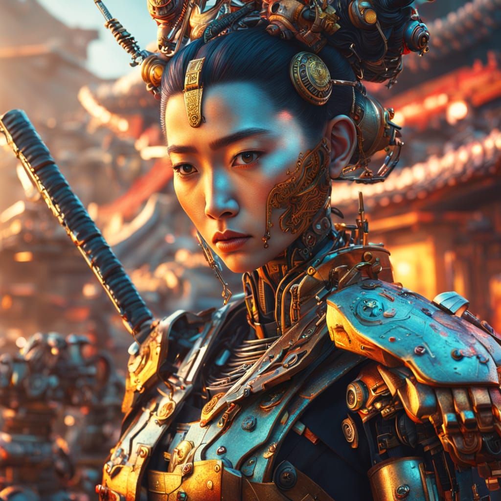 Biomechanical Geisha Warrior in Hyperrealistic Digital Paint...