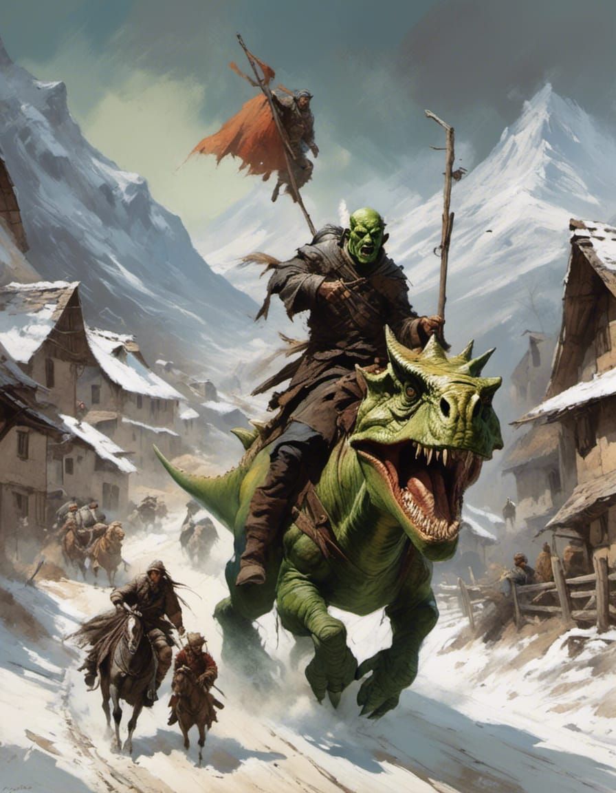 Orc on Dinosaur Terrorizes Medieval Village