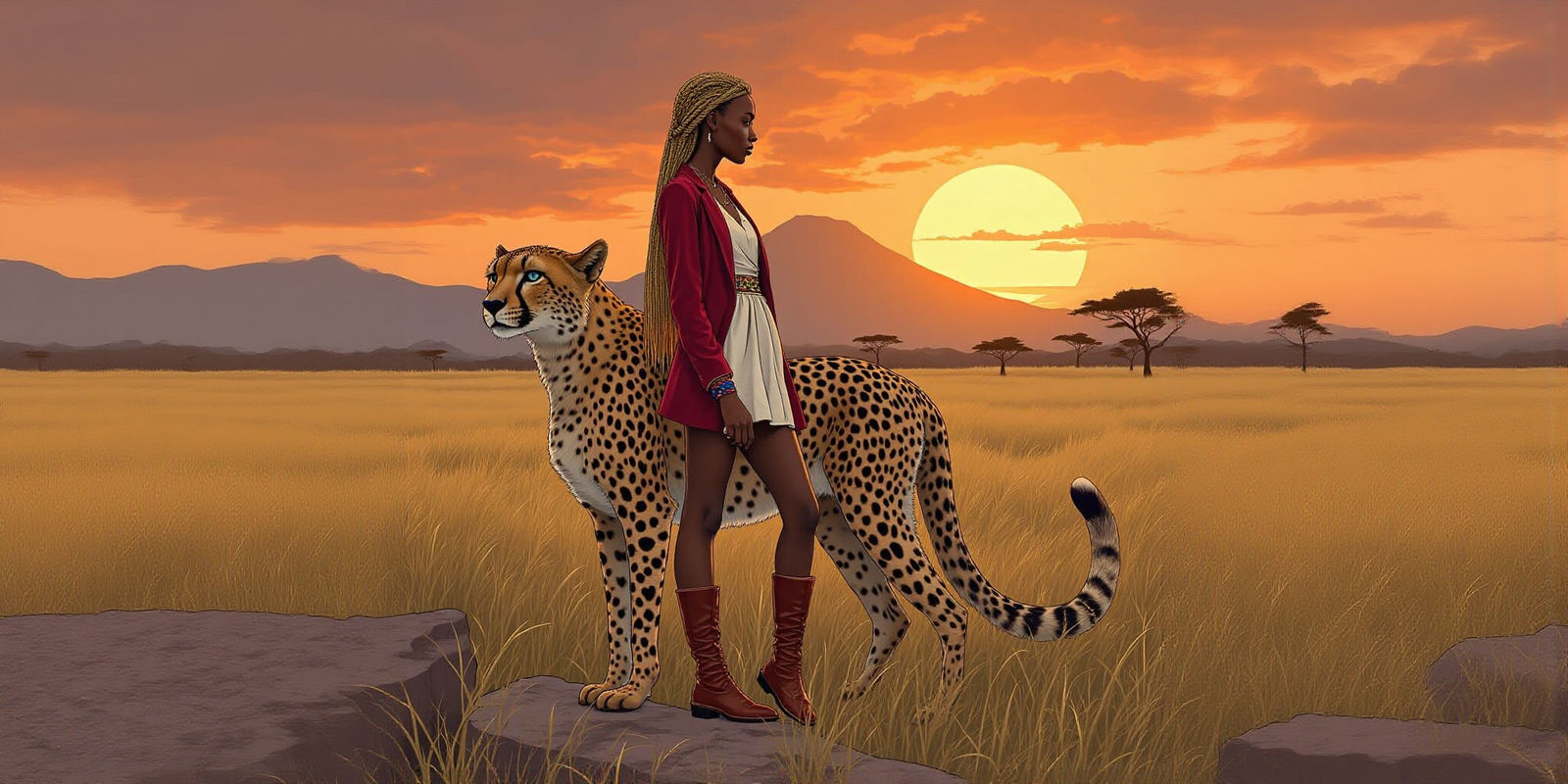 African Woman and Cheetah in Comic Book Style