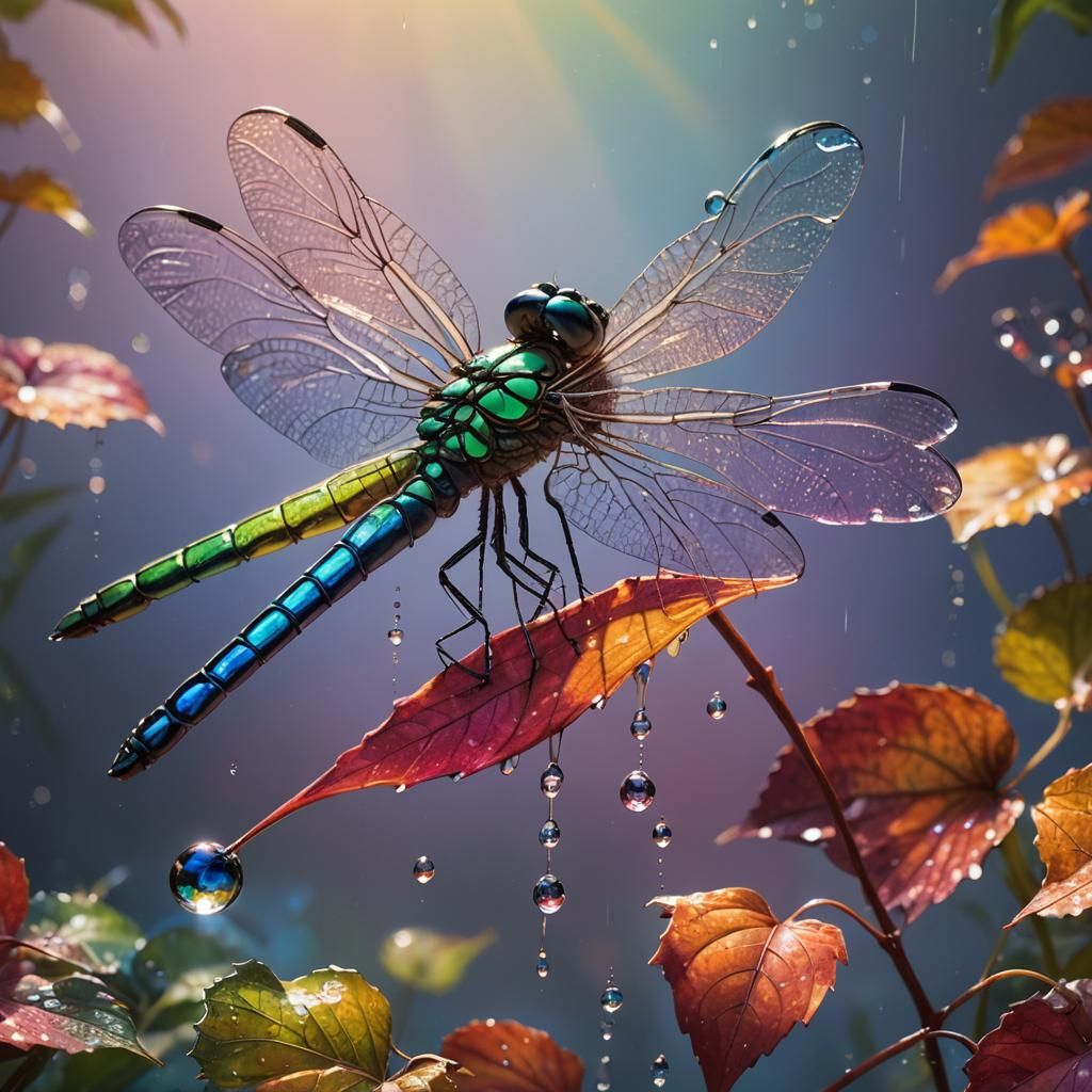 Glass Dragonfly with Rainbow Wings, Hyperrealistic Concept A...