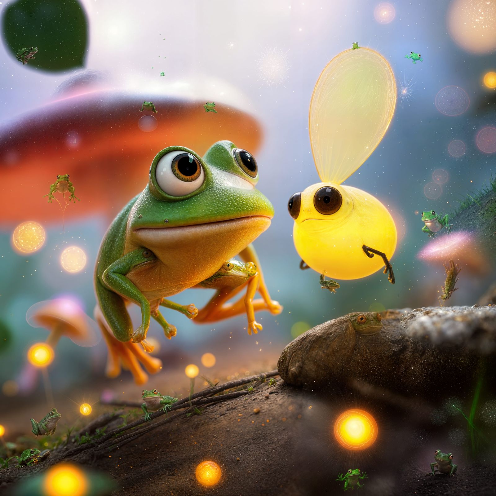 Surprised Frog and Glowing Fly in Pixar Style
