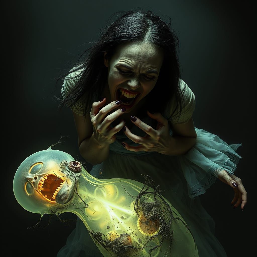 Frantic Woman Devours Glowing Entity in Dark, Eerie Atmosphe...