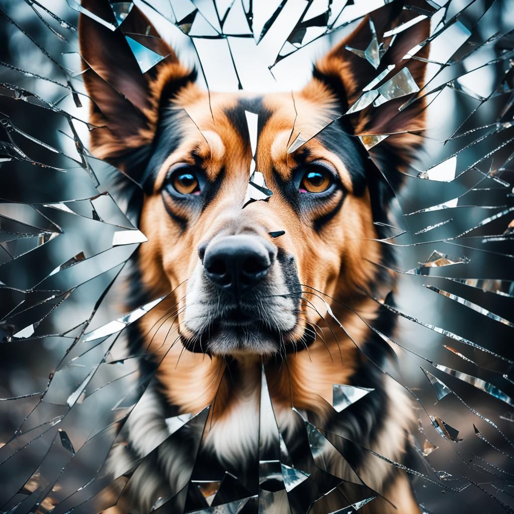 Shattered Mirror Reflecting a Dog Face in High Resolution
