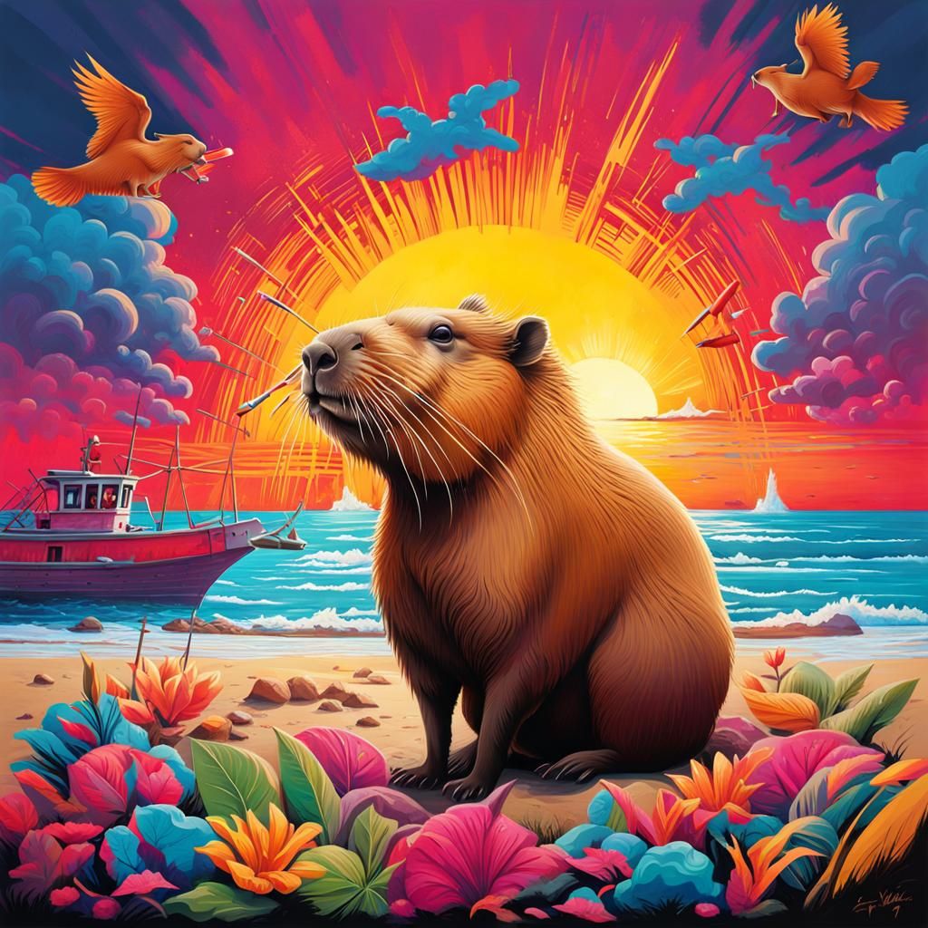 Capybara Smoking Cigars on Beach at Sunrise