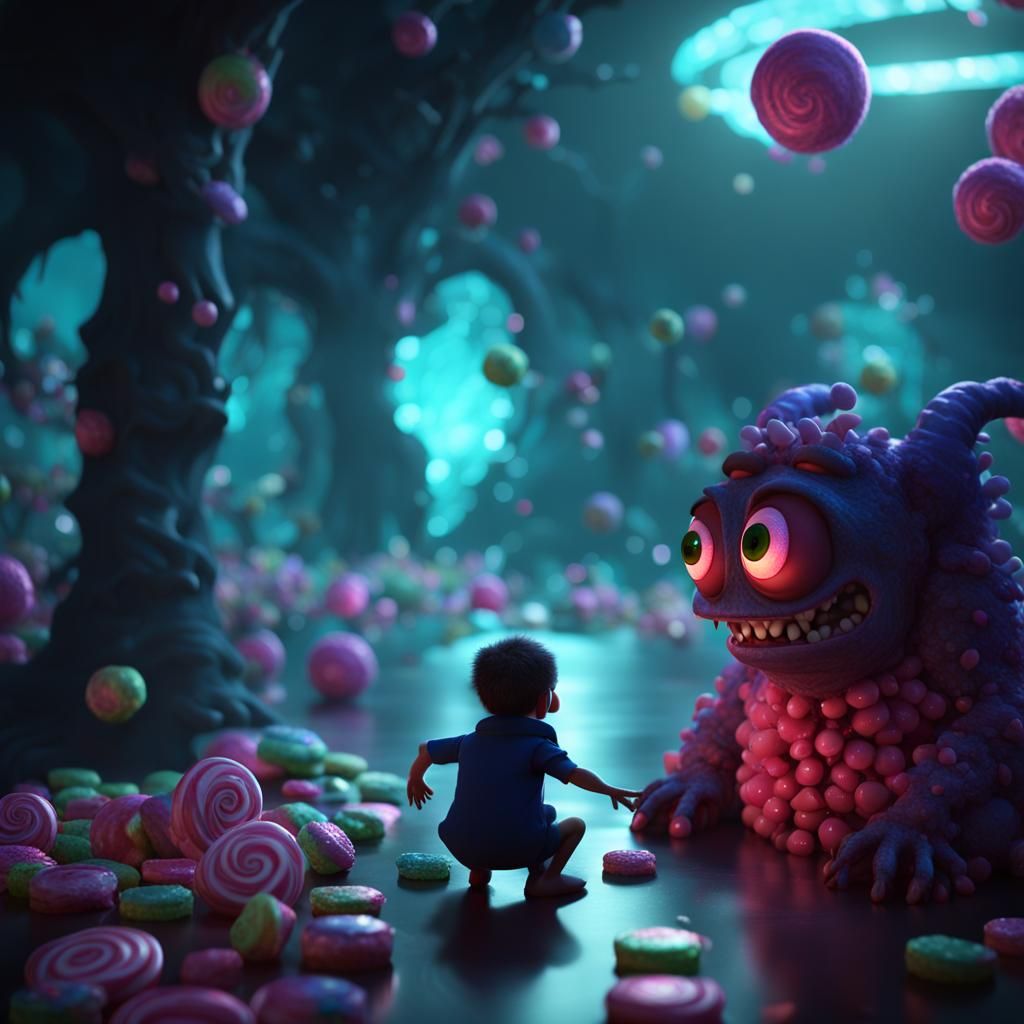 Candy Monster Portrait in Disney Pixar Style