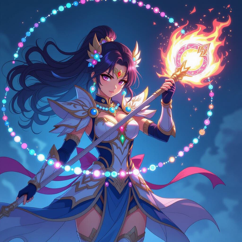 Anime Magical Girl Wielding Staff with Enchanted Beads