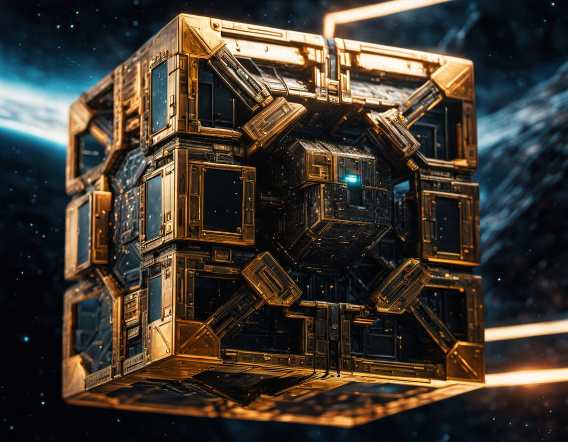 Hyperrealistic Borg Cube in Cosmic Oil Painting Style