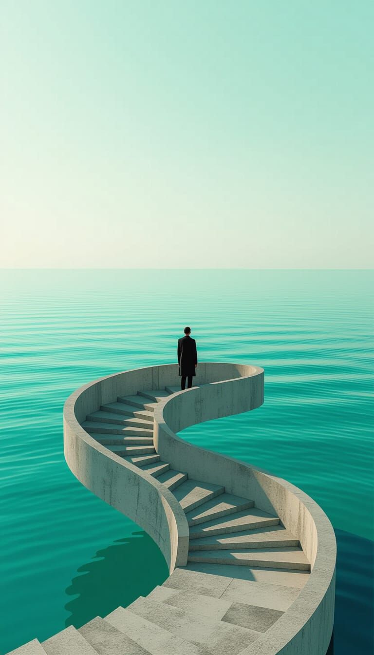 Solitary Figure on Surreal Staircase Over Teal Sea