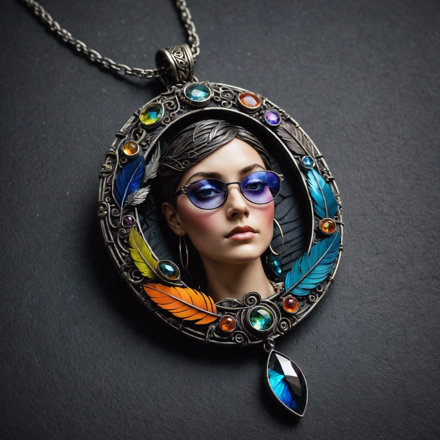 Surreal Jewelry Art with Stone Pendant and Feathers