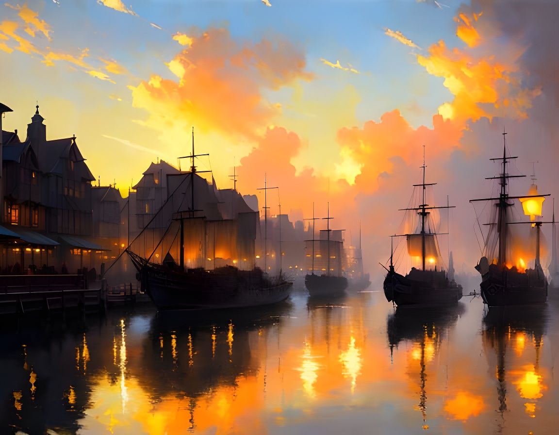 Medieval Dock at Sunset as Oil Painting