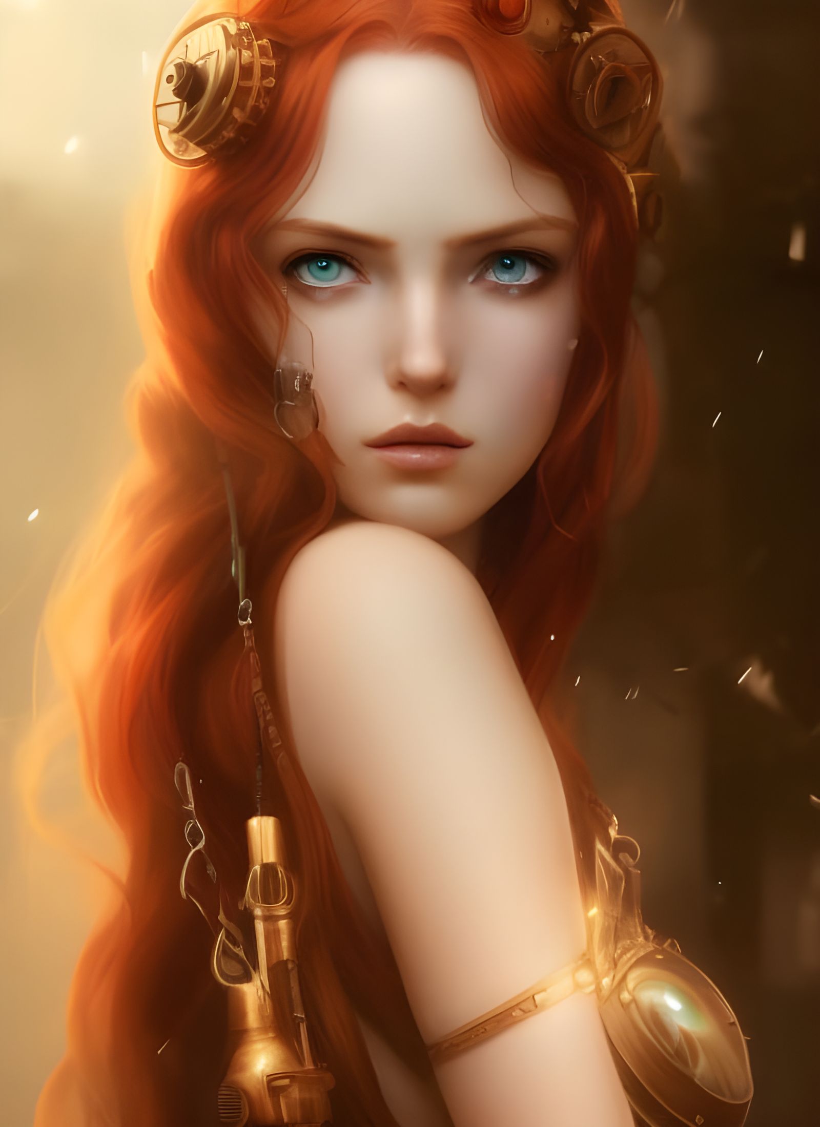 Steampunk Galaxy Goddess with Red Hair, Digital Art