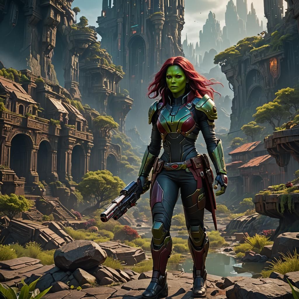 Detailed Matte Painting of Gamora in Fantasy Art Style