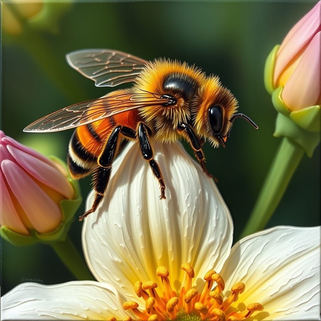 Honey Bee on Flower as Impasto Painting