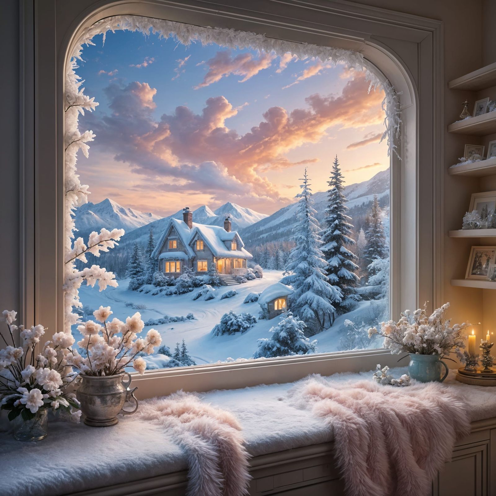 A snow-blanketed landscape stretches out beneath a twilight sky tinged with icy blue and pale pink hues. Fluffy snow pil...