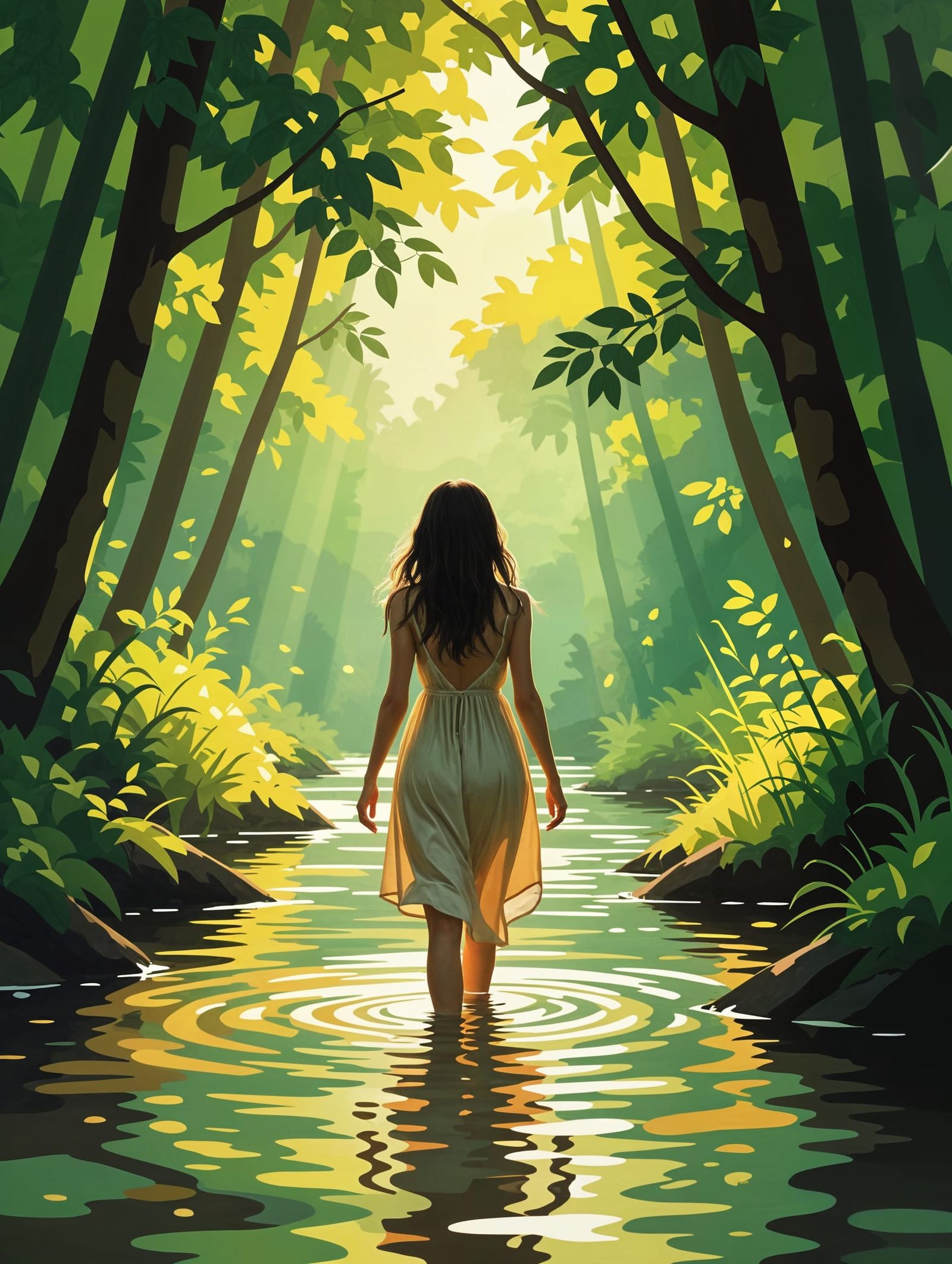 Peaceful Forest Stream Scene in Impressionistic Style