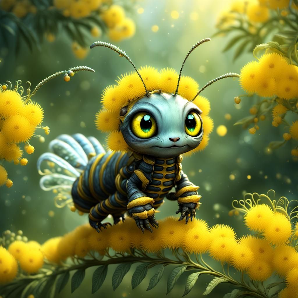 Adorable Caterpillar on Mimosa Flower, Chibi Style