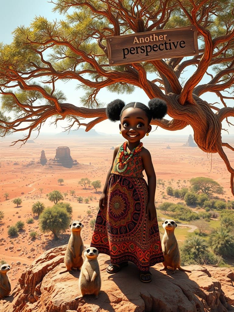 African Girl in Vibrant Regalia Amidst Majestic Desert Lands...
