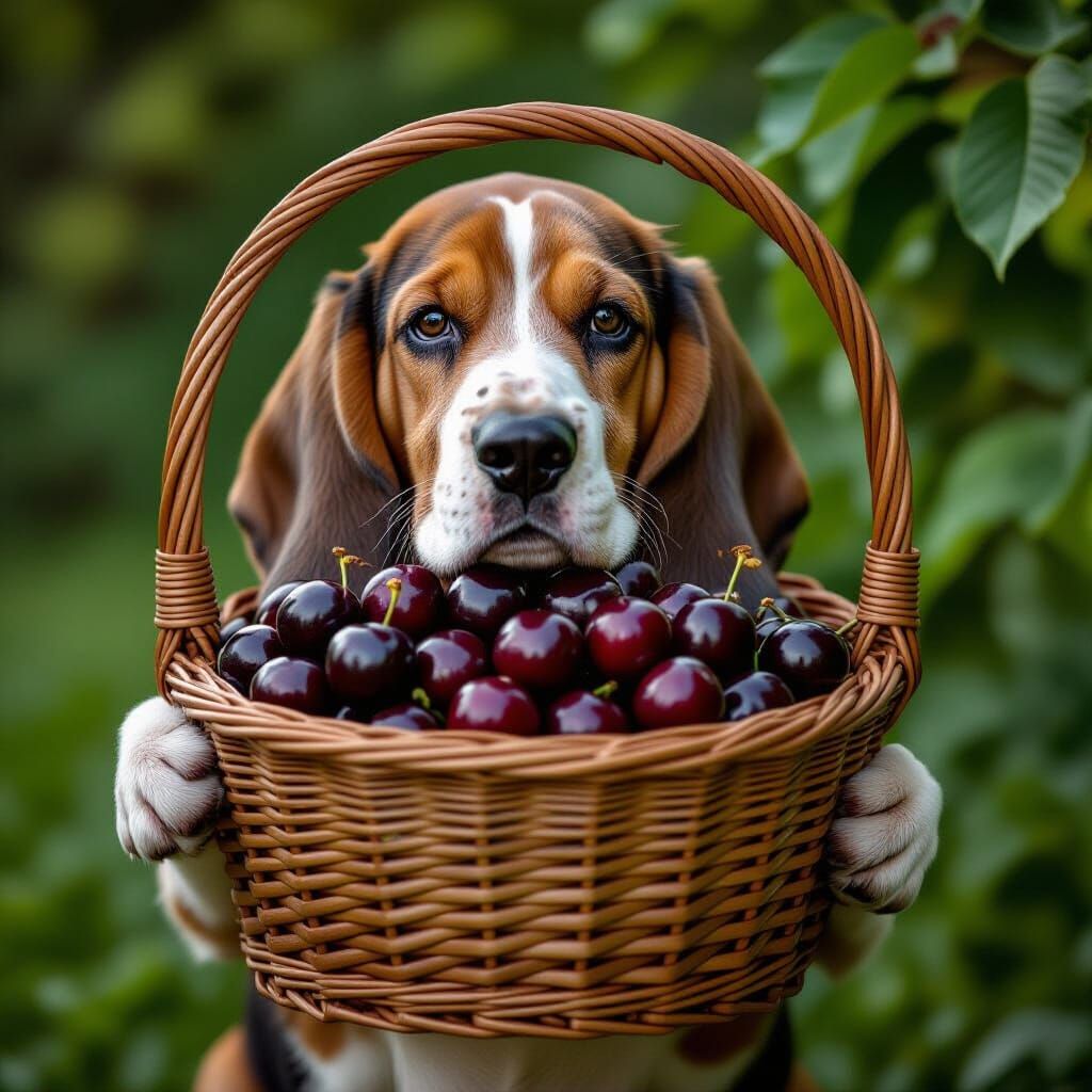 Basset Hound with Cherry Basket, Cinematic Film Still
