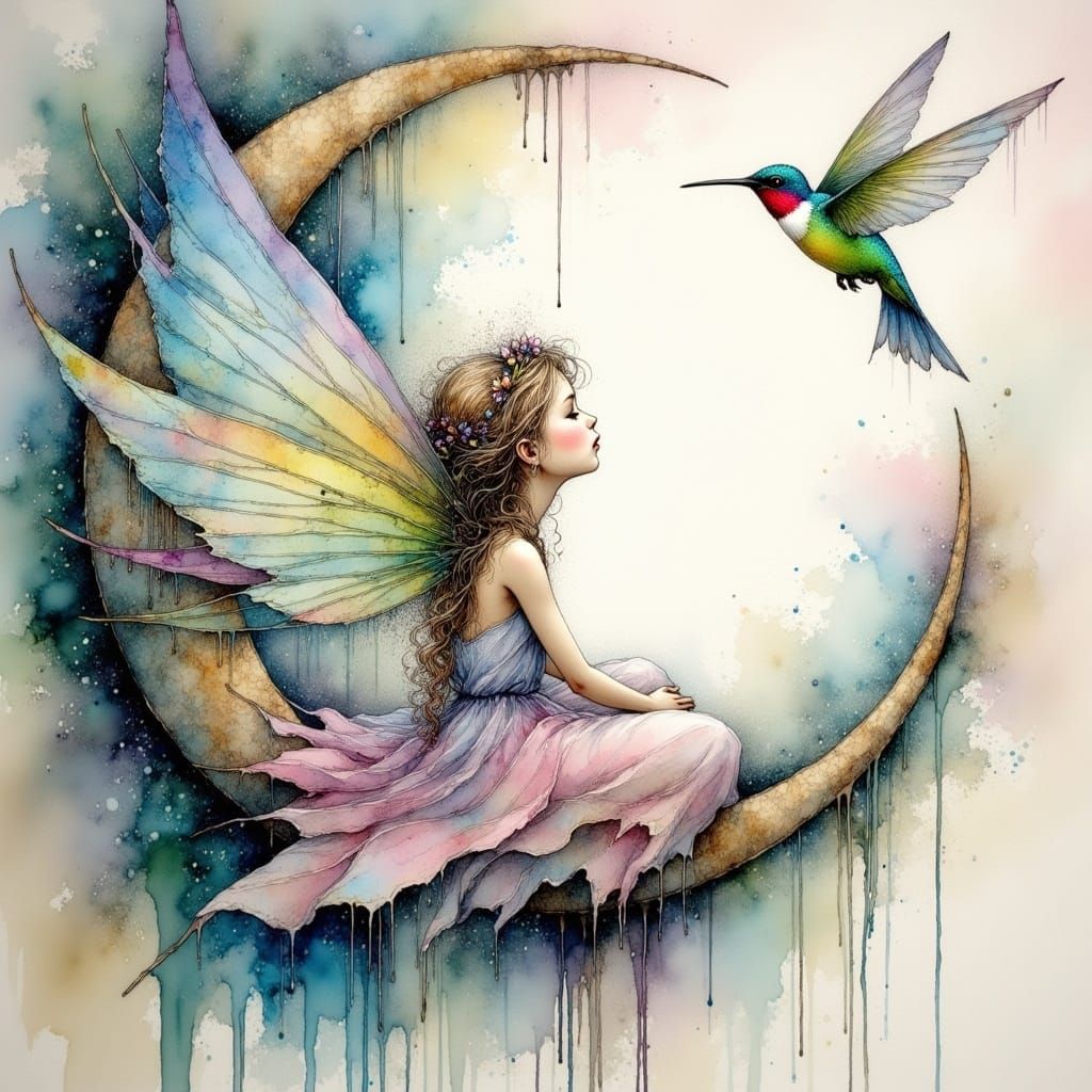 <lora:Ink Poet:1.0> surreal fantasy art fairy crescent moon ...