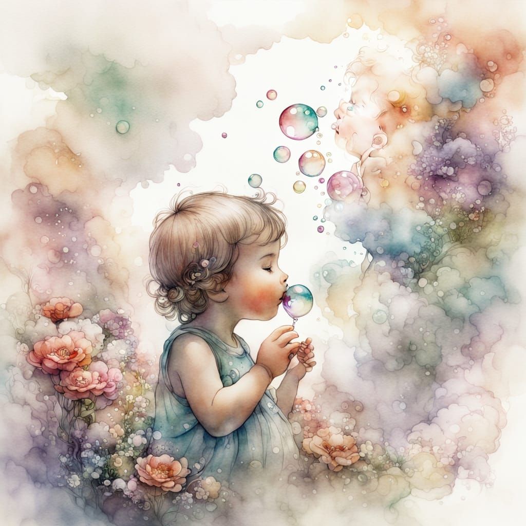 Ethereal Watercolour of Siblings Blowing Bubbles
