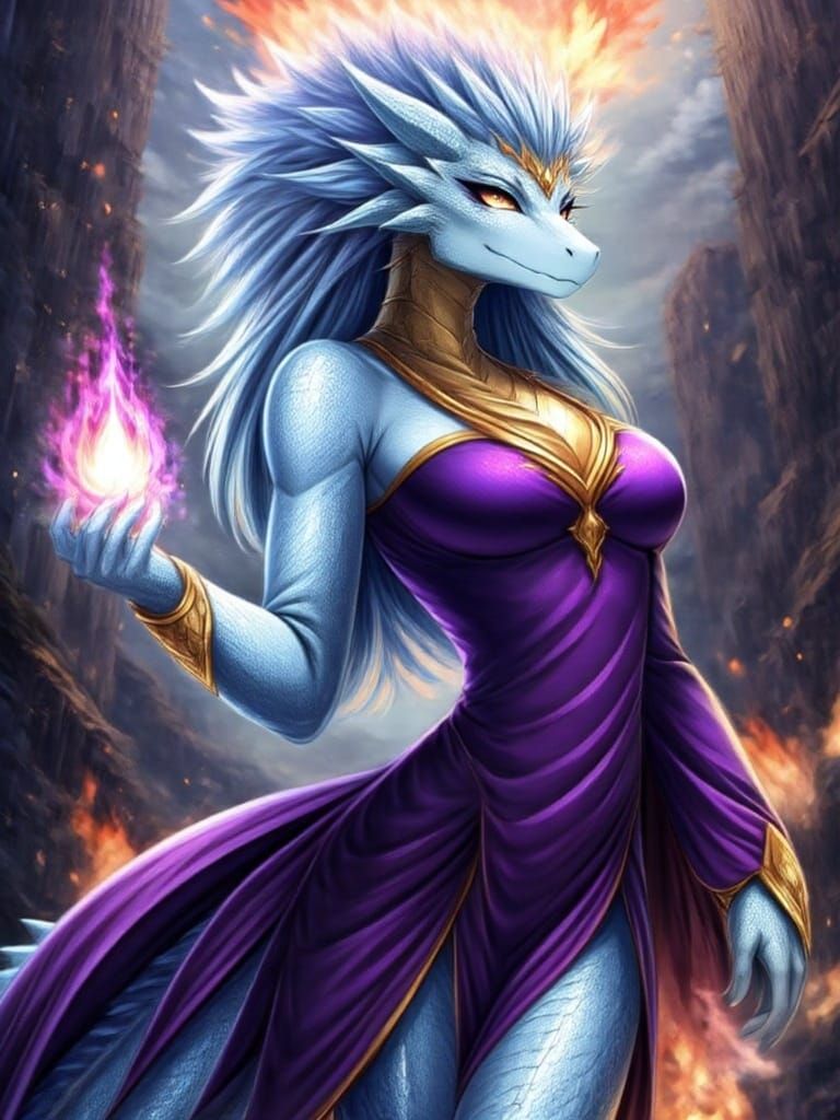 Majestic Dragonborn Sorceress in Regal Purple Gown